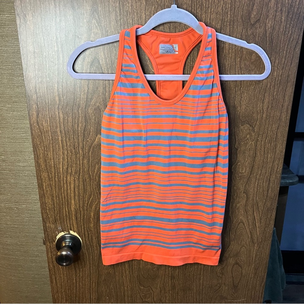 Athleta Top Womens  Orange Neon Stripe Racerback Tank Built-In Bra size XS